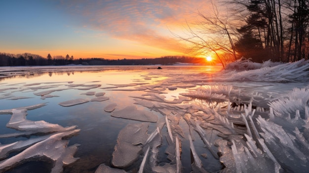 El sol se pone sobre un lago congelado.