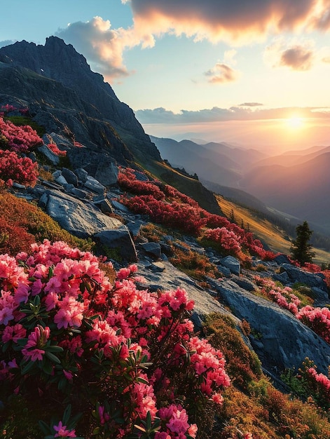 el sol se pone sobre una montaña con flores rosadas