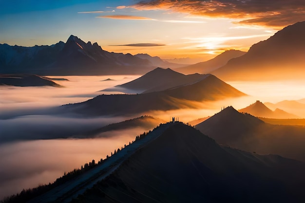 El sol se pone sobre las montañas.