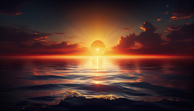 El sol se pone sobre el océano con una gran bola en medio de la IA generativa