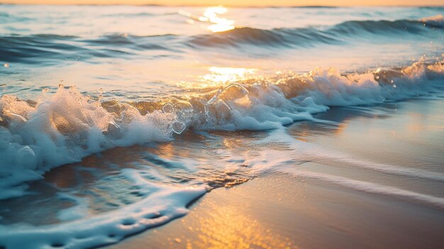 el sol se pone sobre el océano con una ola chocando en la playa