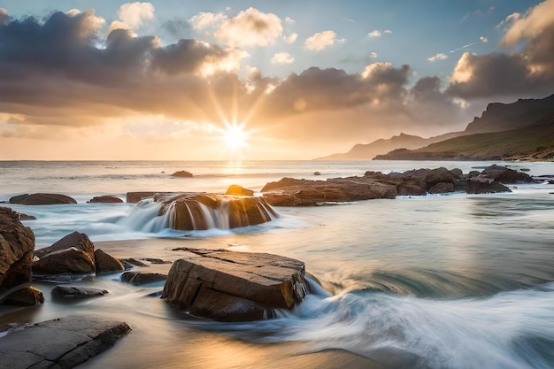 El sol se pone sobre el océano con una ola rompiendo contra las rocas.