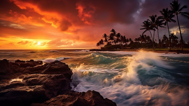 El sol se pone sobre el océano con palmeras y olas.