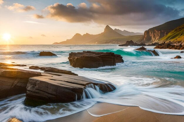 El sol se pone sobre el océano y las rocas.