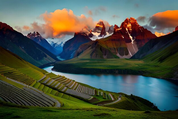 El sol se pone sobre un paisaje montañoso con montañas y un lago en primer plano.