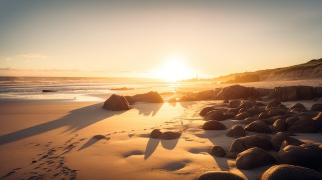 El sol se pone sobre una playa con rocas Imagen AI generativa