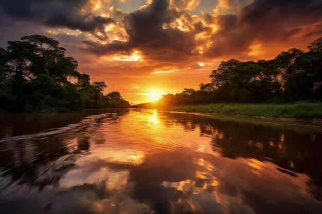 El sol se pone sobre un río con árboles en el fondo