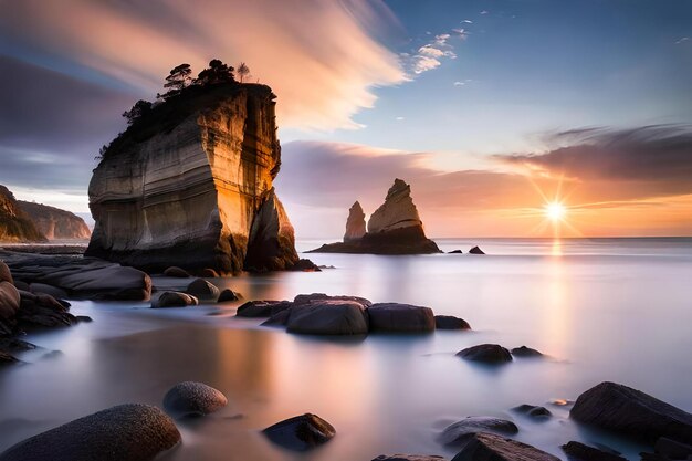 El sol se pone sobre las rocas