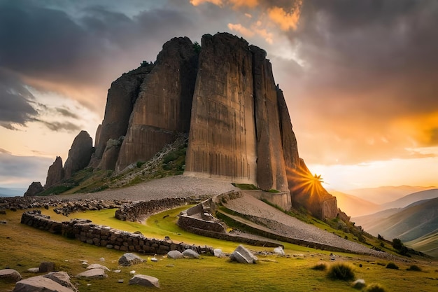 El sol se pone sobre las rocas.