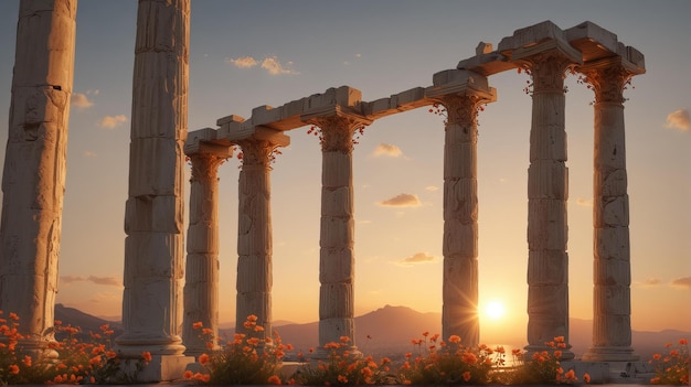 el sol se pone sobre las ruinas del templo de la deidad