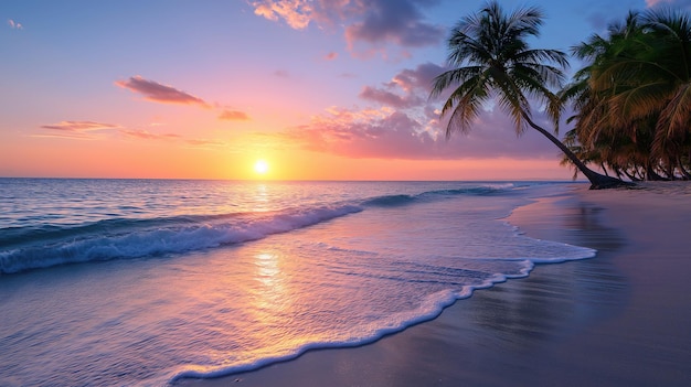 El sol se pone sobre una tranquila playa tropical con olas que golpean suavemente la orilla y palmeras en silueta contra un cielo vibrante