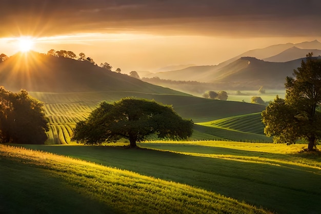 El sol se pone sobre un valle verde.