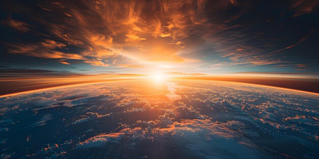 El sol poniéndose sobre la Tierra con un resplandor vibrante en el cielo Fotografía conceptual de la puesta de sol Earth39s Horizon Cielo vibrante Belleza natural
