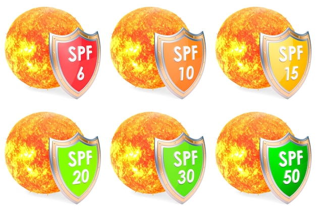 Sol con protectores SPF6 10 15 20 30 50 concepto de protección renderizado 3D