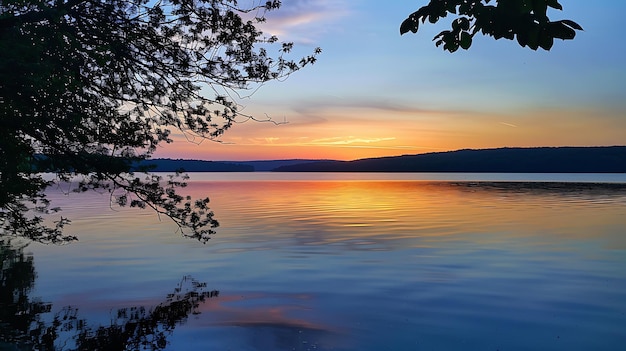 El sol que se pone arroja un resplandor dorado en el lago mientras los árboles de la orilla se siluetan contra el cielo