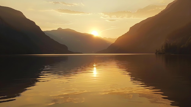 Foto el sol que se pone arroja un resplandor dorado en el lago y las montañas el agua está tranquila y todavía refleja la belleza del cielo por encima