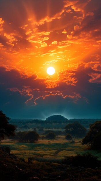 Foto el sol radiante adorna los cielos arrojando calor sobre un campo sereno papel tapiz móvil vertical