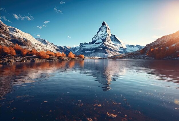 El sol se refleja en un lago cerca de la montaña Matterhorn en el estilo de un paisaje romántico