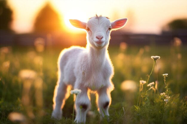 Sol rural animais domésticos bonitos grama verde pôr do sol paisagem de bebê cabra agricultura de verão