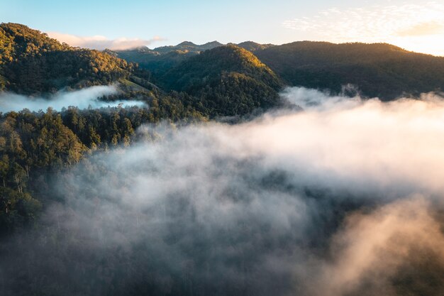 El sol sale en la niebla y las montañas por la mañana, niebla matutina