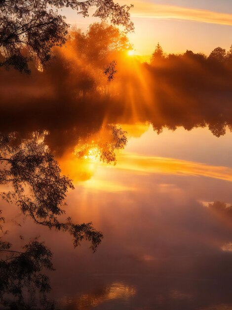 Foto el sol sale sobre un lago por la mañana