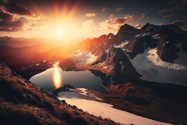 El sol saliendo sobre el pico de una montaña creando un impresionante reflejo en un cuerpo de agua en calma debajo Generado por IA