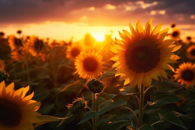 Sol se pondo sobre um campo de girassóis florescendo no verão