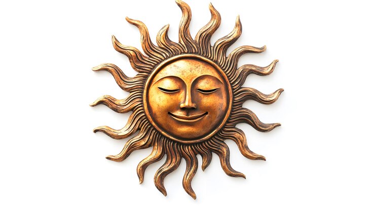 Un sol con una sonrisa pacífica y rayos en espiral inspirados en antiguas tallas aisladas sobre un fondo blanco