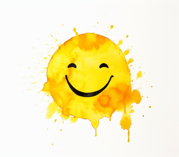 Sol sorridente com salpicos de aquarela amarelos isolados no fundo branco