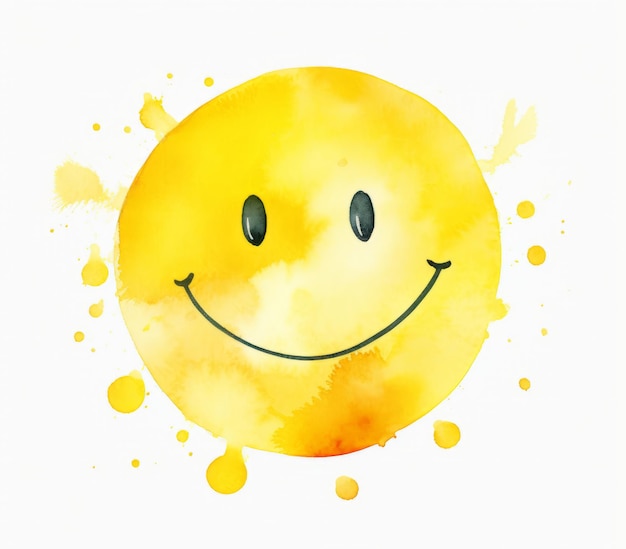 Sol sorridente com salpicos de aquarela amarelos isolados no fundo branco