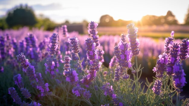 El sol de la tarde en un campo de lavanda púrpura vibrante