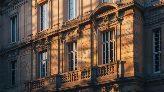 El sol de la tarde proyecta largas sombras sobre la fachada de un gran edificio