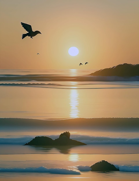 Sol por la tarde sobre el océano y la playa Ai generado