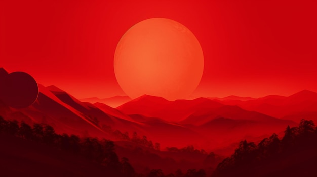 Sol vermelho sobre as montanhas