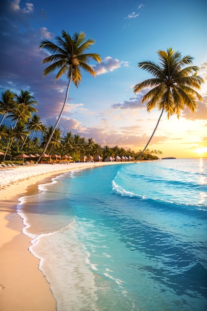 Un sol vibrante se pone sobre el océano cristalino proyectando un cálido resplandor en la playa de arena alineada
