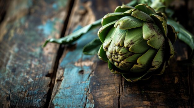 Una sola alcachofa fresca sobre un fondo de madera rústica