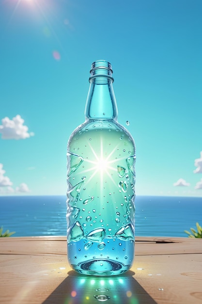 Una sola botella de agua con gas iluminada por un sol brillante que se cierne sobre un azul vibrante