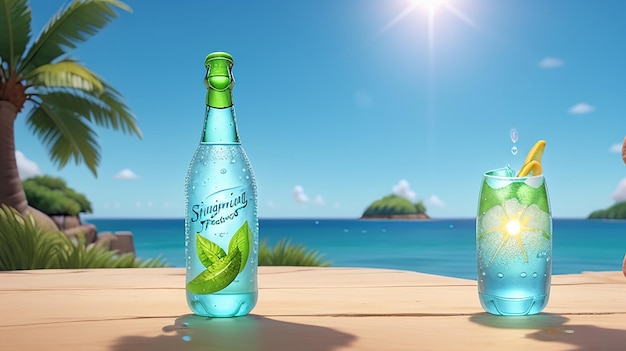 Una sola botella de agua con gas iluminada por un sol brillante que se cierne sobre un azul vibrante