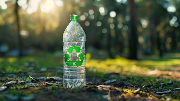 Una sola botella de plástico transparente con un símbolo de reciclaje verde destacado que representa el PET p