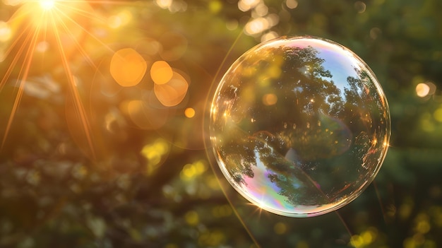 Una sola burbuja de jabón flotando suavemente en el jardín iluminado por el sol magia de la naturaleza capturada en una burbuja perfecta para temas pacíficos y tranquilos IA