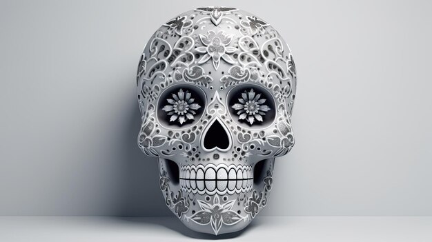 Una sola calavera de azúcar o Catrina en un fondo o papel tapiz gris claro