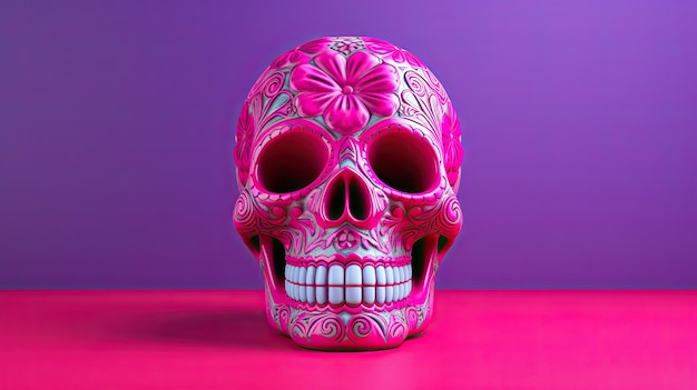 Una sola calavera de azúcar o Catrina en un fondo o papel tapiz magenta