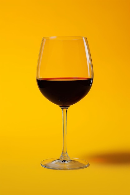 Una sola copa de vino tinto contra un fondo amarillo.