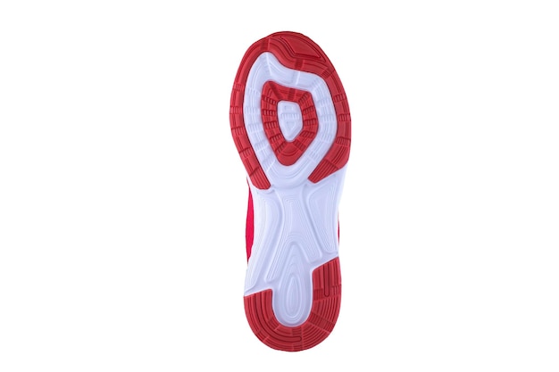 Sola de borracha vermelha e branca com tênis em um fundo branco