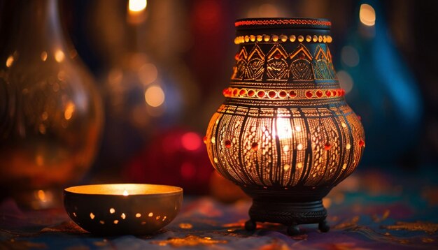 una sola elegante lámpara tradicional paquistaní iluminada en una habitación débilmente iluminada