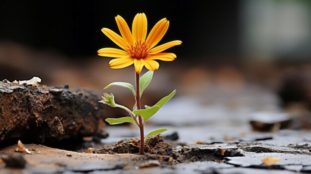 una sola flor amarilla crece en una grieta en el suelo