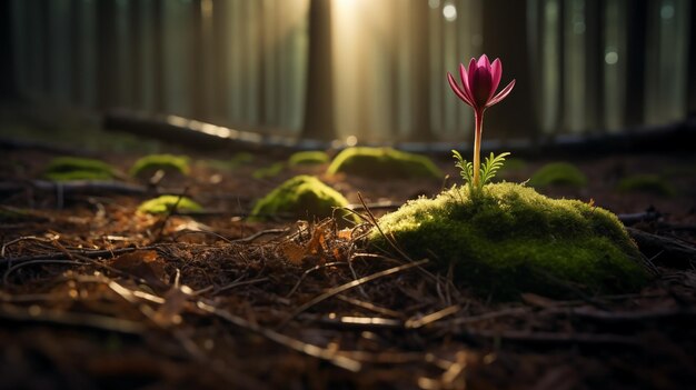 Foto una sola flor florece en un montículo de musgo en un bosque sereno al amanecer