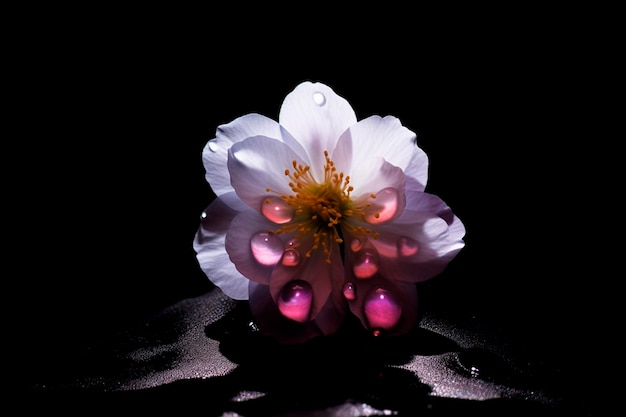 Sola flor con gotas de agua sobre negro