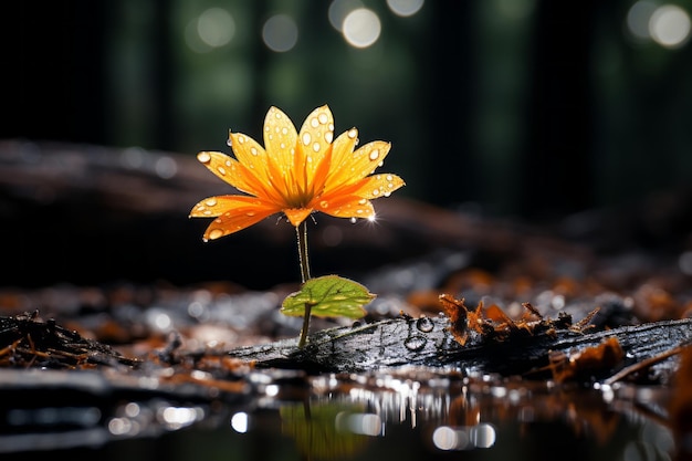 una sola flor de naranja está parada en el agua