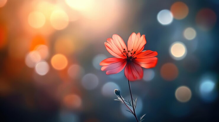 Una sola flor roja florece en la luz suave